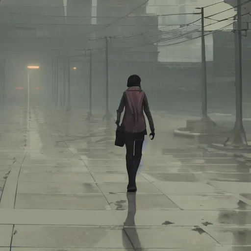 Image similar to raining dark smog dieselpunk dystopia makoto shinkai corrogated steel walkway