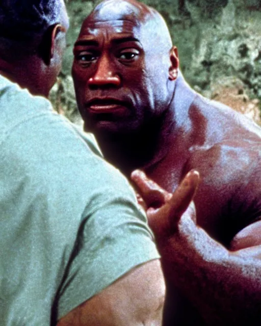 Image similar to film still close - up shot of dwayne johnson as john coffey petting a mouse in the movie the green mile. photographic, photography