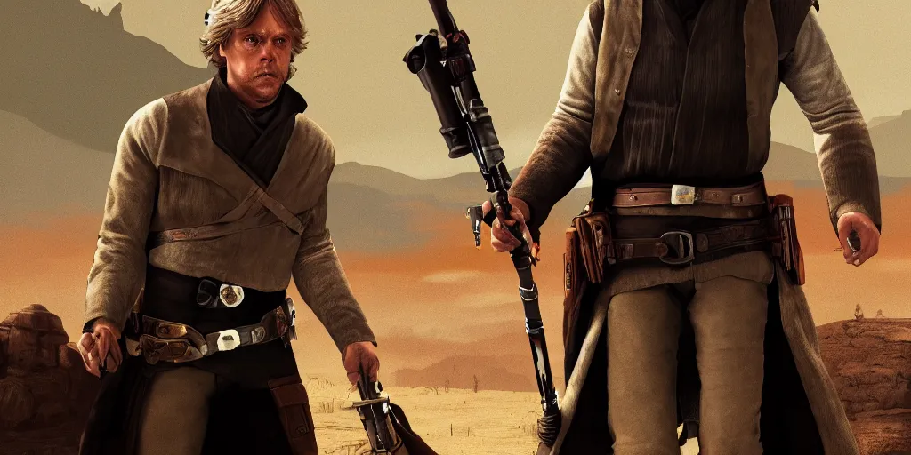 Prompt: luke skywalker in rdr 2, cover art by stephen bliss, boxart, loading screen, 8 k resolution