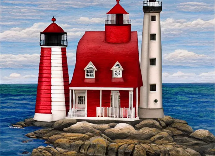 Image similar to whimsical simple folk art lighthouses, lowbrow, matte painting, 3 - d highly detailed, in the style of ammi phillips,