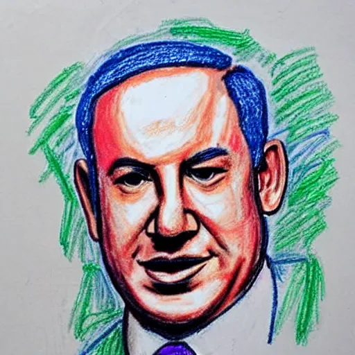 Image similar to portrait of benjamin netanyahu, drawn by a child, in oil pastel colors