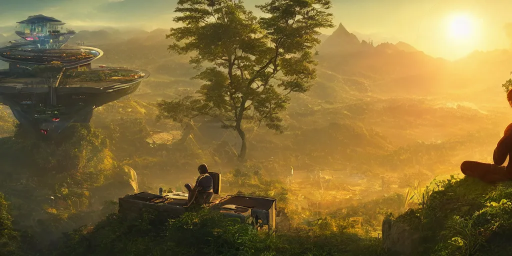 Prompt: a cinematic composition depicting : a computer run solarpunk civilization encroaching on a degrading cyberpunk world, on top of the mountain a man sits in a lotus pose overlooking a hopeful and lush foresty solarpunk valley at sunrise