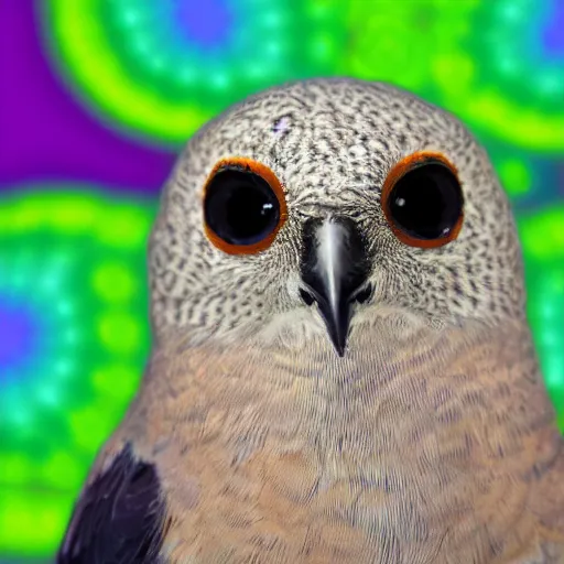 Prompt: front facing bird staring two eyes directly into camera with psychedelic background