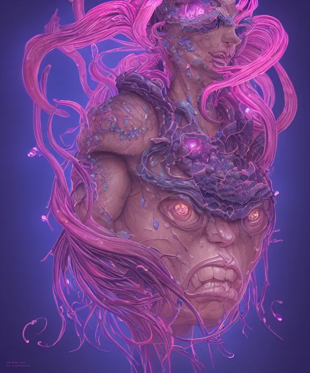 Image similar to a xanathar made of bioluminescence slimy skin, fantasy, elegant, crisp 8 k line art, digital painting, artstation, unreal engine, octane render, emissive lighting, concept art, matte, sharp focus, hyper realistic lighting, illustration, deep royal blue and pink color scheme, art by shintaro kago