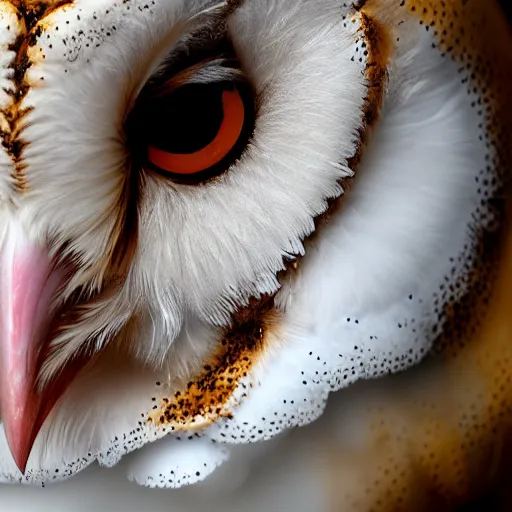 Image similar to a close up portrait of a barn owl's face altered by sickness