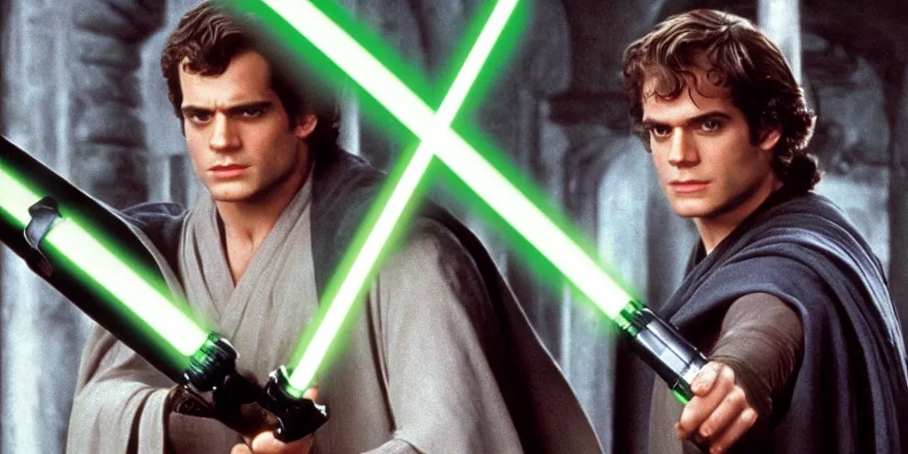 Image similar to a still from a film featuring clean shaven henry cavill as jedi master luke skywalker, holding a green lightsaber by the hilt, 3 5 mm, directed by steven spielberg, 1 9 9 4