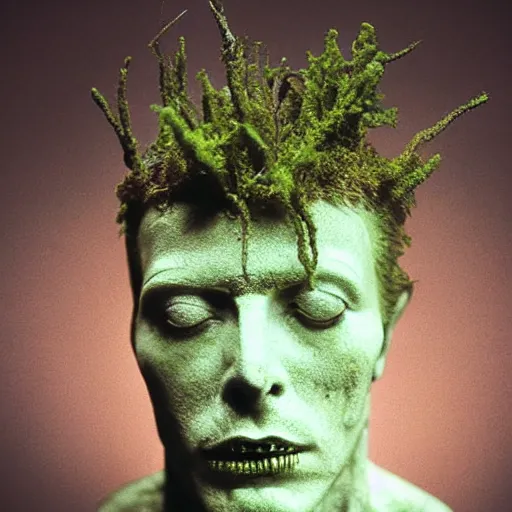 Image similar to Award-winning photograph by Mar Mann. The photo depicts a decaying roman bust of David Bowie overgrown with moss at the bottom of the sea in the middle of ruins of civilization. Minimalism, high definition, perfect composition. Deep sea picture. Very dark. Volumetric Lighting. Fish. Darkness. Ruins