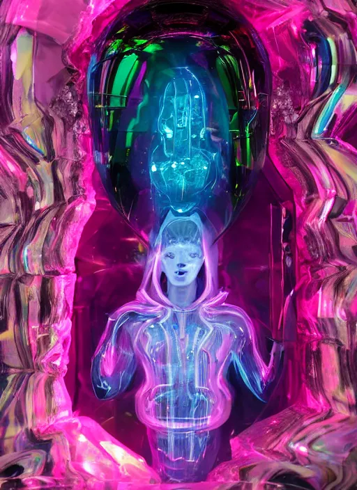 Prompt: photo of fullbodied baroque and bladerunner delicate neon diamond sculpture of seductive onyx albino marble prince nick jonas dotado pink iridescent humanoid deity wearing blue plastic hooded cloak holding an glass skull in a onyx alien dungeon, reclining, glowing magenta face, crown of white diamonds, cinematic lighting, photorealistic, octane render 8 k depth of field 3 d