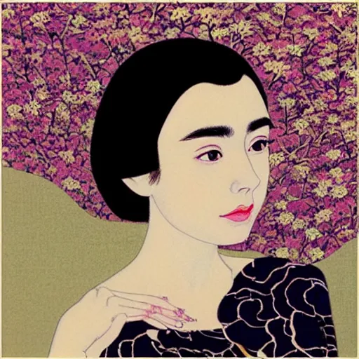 Image similar to “ lily collins portrait by ikenaga yasunari and ayana otake and ko rakusui, 6 0 s poster, drawing, realistic, sharp focus, japanese, dreamy, nostalgia, faded, golden hues, floral clothes, porcelain skin ”