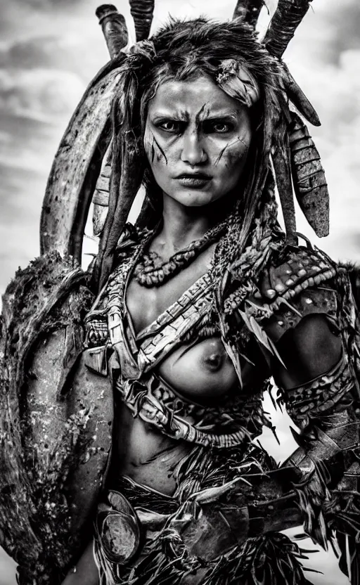 Image similar to fight portrait ancient shaman tribeswoman in battlerage, destroyed armor inspired by monster hunter, low shot, muscular body, symmetrical face, clean face, subtle make up, destruction around her, frozen time,dramatic lighting, cinematic, establishing shot, extremely high detail, photorealistic, 300 the movie,monster hunter the movie, dune the movie, cinematic lighting, artstation, octane render, western,old photo, vintage