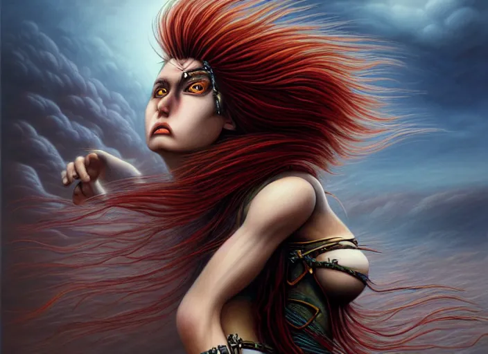 Prompt: realistic detailed image of a female Amazon warrior auburn hair blowing in an angry, stormy mountain top, anime art, anime, inspired by Mark Ryden and H.R. Giger and Zdzislaw Beksinski, gothic, rich deep colors. A masterpiece.