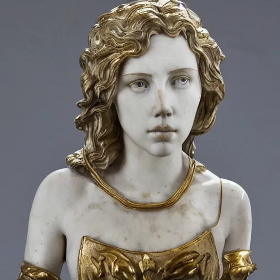 Image similar to a white art nouveau marble sculptural bust of a worried young scarlett johansson as joan of arc with long, flowing hair, wearing intricate gold plate armor on her chest, delicate, intricate, smooth, beautiful, by charles van der stappen