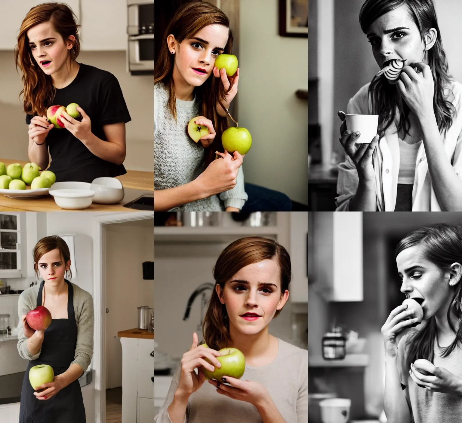 Prompt: a photo of Emma Watson eating an apple in the kitchen, candid photography, photo taken with an iPhone