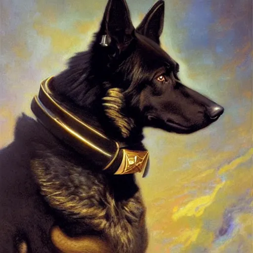 Prompt: a portrait of a man depicted as a black german shepherd dogman canine, star trek the next generation. highly detailed painting by gaston bussiere, craig mullins, j. c. leyendecker