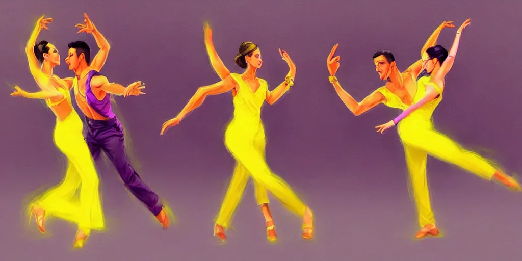 Prompt: Cubans Dancers Dancing Gesture draw by Stanley Artgerm Lau, Gesture draw, Salsa Social Dance, couple, lady using yellow dress, guy using purple light fancy suit, Salsa tricks, WLOP, Rossdraws, Gesture draw, James Jean, Andrei Riabovitchev, Marc Simonetti, and Sakimichan, trending on artstation