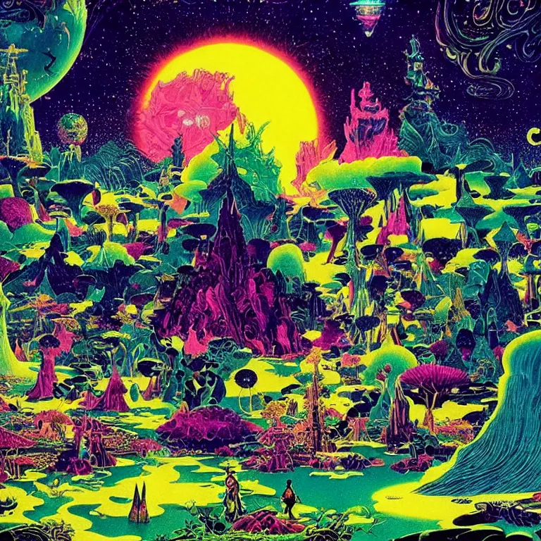 Prompt: mysterious ufo hovering over magical crystal temple, bright neon colors, highly detailed, cinematic, hiroo isono, eyvind earle, philippe druillet, roger dean, lisa frank, aubrey beardsley, ernst haeckel