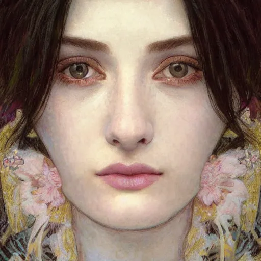 Image similar to Portrait of a beautiful, pale skin, female with long black hair, dark brown narrow-set eyes, faint smile, elegant clothing, photorealistic, highly detailed, artstation, smooth, sharp focus, art by Klimt, artgerm, Greg Rutkowski and Alphonse Mucha, natural light, Adobe Lightroom, photolab, Affinity Photo, PhotoDirector 365, artstation