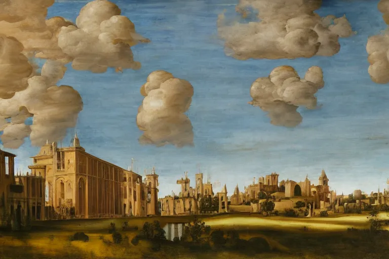 Image similar to an oil painting of a renaissance palace, clouds in the sky