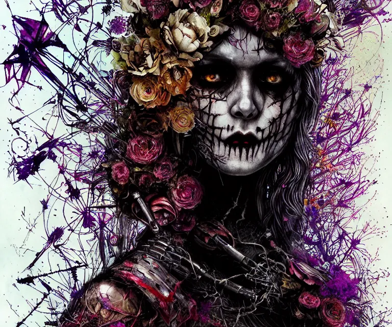 Prompt: gothic mute hybrid cyborg warrior girl of flowers, cybor clothes shaping love!, freedom fighter, eerie, cinematic, epic, 8 k, ultra realistic,. | a psychedelic, illustration by albrecht durer, concept art in style of carne griffiths artwork by xsullo. | backround of beautiful floweres floatingby elson, peter kemp, peter