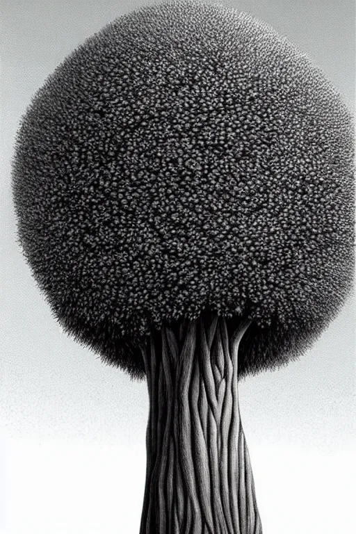 Prompt: an impossibly tall pompom tree with a slim trunk, viewed from below, ant perspective, digital illustration by chris van allsburg and artgerm, surreal, photorealistic