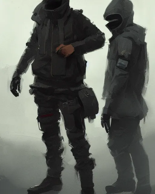 Image similar to Medium shot of a character wearing techwear in the style of greg rutkowski