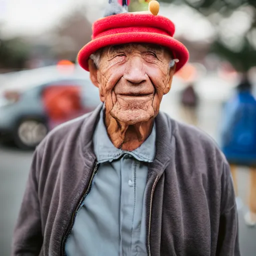 Image similar to portrait of an elderly man wearing a hotdog hat, 🌭, canon eos r 3, f / 1. 4, iso 2 0 0, 1 / 1 6 0 s, 8 k, raw, unedited, symmetrical balance, wide angle