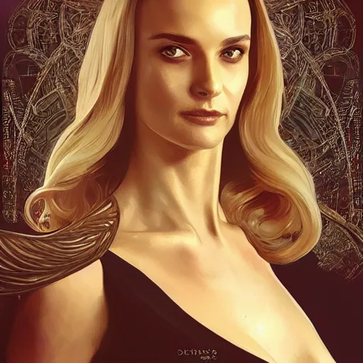 Image similar to “ daria strokous as evil james bond villain smiling, intricate, elegant, highly detailed, digital painting, artstation, concept art, smooth, sharp focus uhd 8 k, art by artgerm and greg rutkowski and alphonse mucha ”