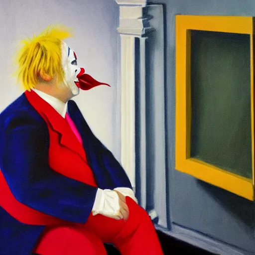 Image similar to a highly detailed fine art portrait of british prime minister boris john wearing a clown costume. in the style of edward hopper, richard hamilton.