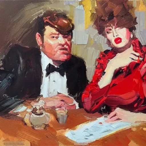 Image similar to by john wayne gacy, by michael garmash realist. a installation art of two people, a man & a woman, sitting at a table. the man is looking at the woman with interest. the woman is not interested in him. there is a lamp on the table between them.