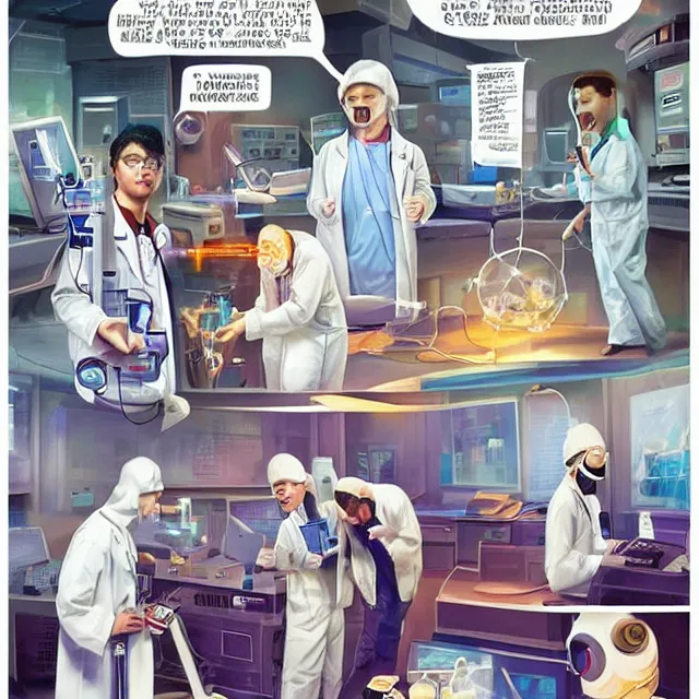 Image similar to engineers and scientists in labcoats confront a malevolent computer, glowing digital runes, panic, ross tran, ( futurism ), rhads!!!, james gurney, ( art fitzpatrick ), ( asaf hanuka ), ( ( barclay shaw ) ), ominous, saturday morning cartoon, clean linework, western animation