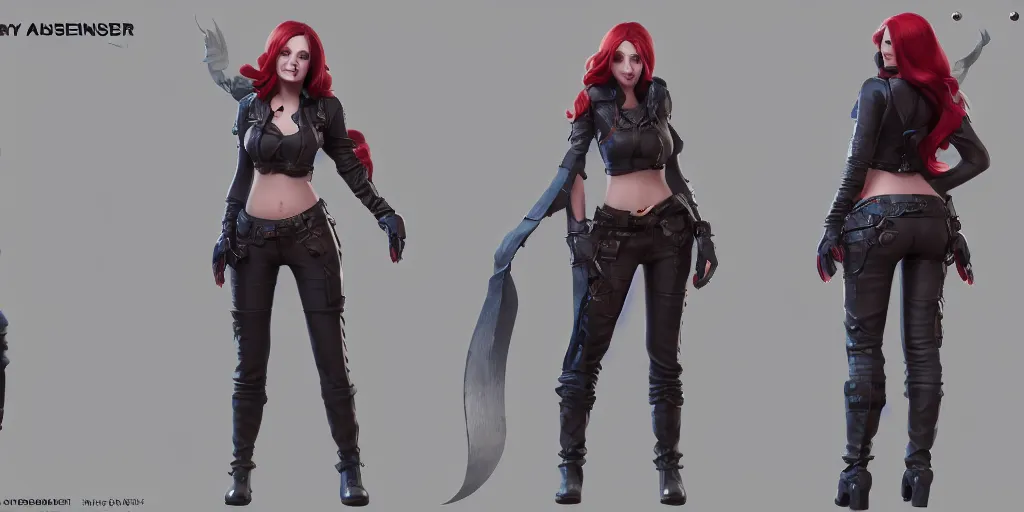 Image similar to character sheet of sophie turner as miss fortune (League of Legends). 3d render, octane render, iRay, ray tracing, realistic, highly detailed, trending on artstation, 4k, cgsociety, unreal engine 5, redshift render, blender cycles, behance, cg