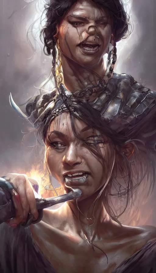 Image similar to underground stree thug, grills, vitiligo, energetic, laughing, fit, warhammer, lord of the rings, sweaty, intricate, highly detailed, digital painting, artstation, concept art, smooth, sharp focus, illustration, unreal engine 5, 8 k, art by artgerm and greg rutkowski and alphonse mucha