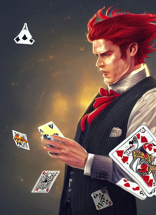 Image similar to a highly detailed illustration of stylish top hat wearing red haired attractive man, wearing suit vest, flashy pose, playing card background, intricate, elegant, highly detailed, centered, digital painting, artstation, concept art, smooth, sharp focus, league of legends concept art, WLOP