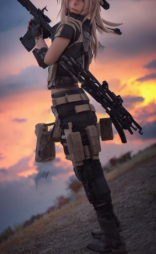 Prompt: highly detailed, high resolution, cosplay photo, stunning, realistic lightning, real sunset, in the middle of the battlefield, girls frontline style, sharp focus, 150mm, trending on facebook, by professional photographer, realistic anatomy, realistic heavy military gear, realistic guns