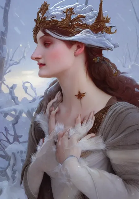 Image similar to sansa snow queen, intricate, elegant, highly detailed, digital painting, artstation, concept art, smooth, sharp focus, illustration, art by artgerm and greg rutkowski and alphonse mucha and william - adolphe bouguereau