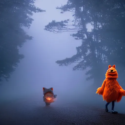 Prompt: a large orange fox kitsune two tailed muppet wearing a hooded cloak holding a lit torch and herding a bunch of random muppet animals following behind through a dark foreboding misty blue forest at night, sesame street, photograph, photography, ultrarealistic, national geographic