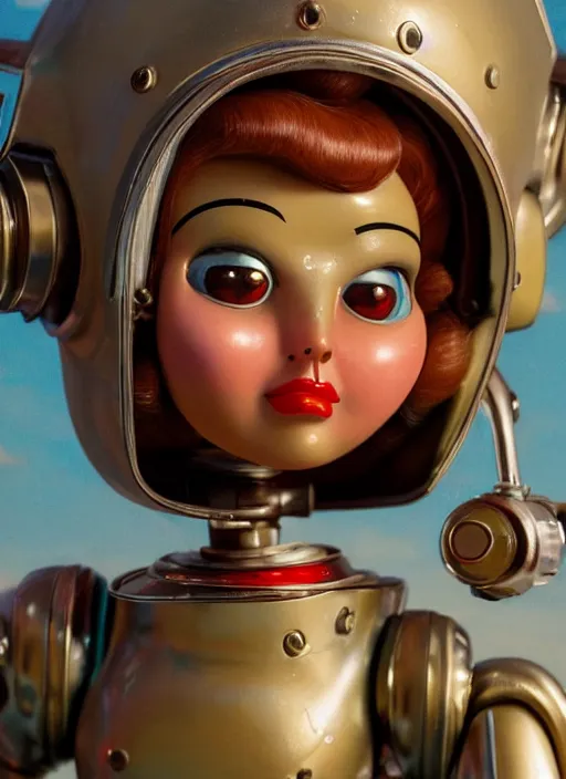 Image similar to highly detailed closeup, face profile portrait of a retro 1 9 5 0 s tin toy robot spacegirl wearing a bikini, unreal engine, nicoletta ceccoli, mark ryden, earl norem, lostfish, global illumination, detailed and intricate environment