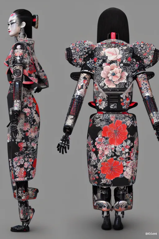 Prompt: full body portrait of a generative design exoskeleton Japanese robot geisha with kanji tattoos and decals wearing a digital pixelated kimono, intricate design, photorealistic, octane render, raytraced, ultra fine detailed, character design, trending on artstation