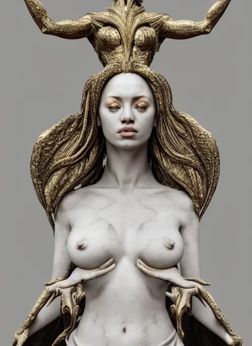 Prompt: a statue made of a gorgeous devil woman, made of white marble with gold veins, full body shot, perfect symmetrical body, perfect symmetrical face, black eyes, hyper realistic, hyper detailed, fujicolor superia photo, by johannen voss, by peter kemp, by monia merlo, by michelangelo, octane render, blender, 8 k