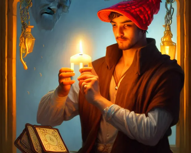 Prompt: a mind - blowing portrait of a fortune seeker male, holding a candle holder, wearing a silly hat, aquatic clothing, intelligent, deep focus, d & d, fantasy, intricate, elegant, highly detailed, digital painting, artstation, concept art, matte, sharp, illustration, hearthstone, art by artgerm and greg rutkowski and alphonse mucha