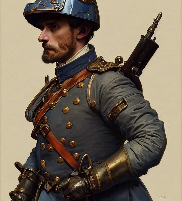 Image similar to portrait of a french man wearing a blue traditional nineteenth century military jacket, metal shoulder pauldrons, intricate, highly detailed, digital painting, artstation, concept art, sharp focus, cinematic lighting, illustration, art by artgerm and greg rutkowski, alphonse mucha, cgsociety