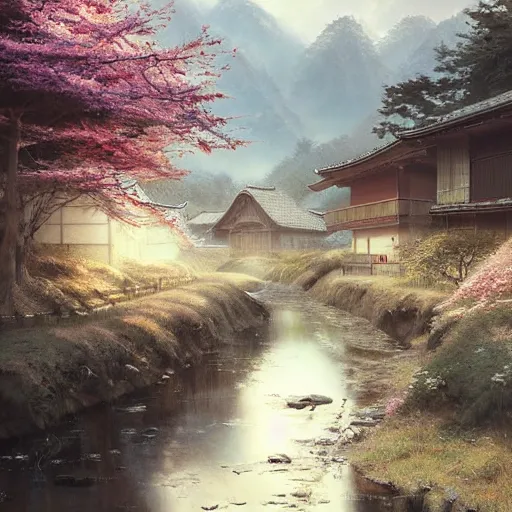 Image similar to walking around rural shirakawa - go, gifu, japan. volumetric lighting, spring late morning, nice slight overcast weather, realistic illustration, perfectly shaded, soft painting, art by krenz cushart and wenjun lin