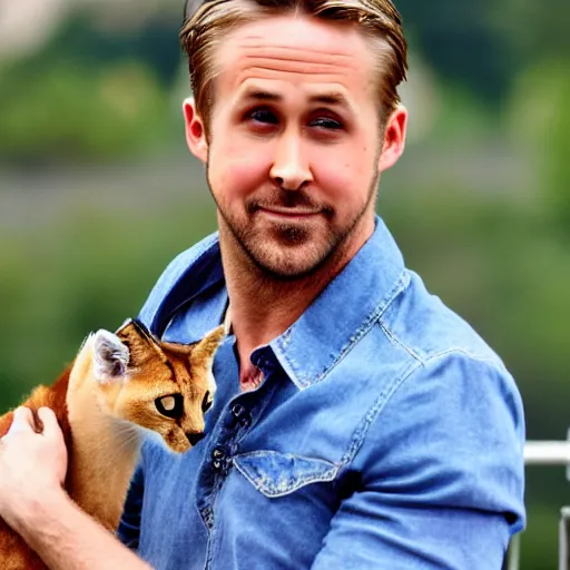 Image similar to Ryan Gosling holds a caracal cat in his hands against the backdrop of the Eiffel Tower