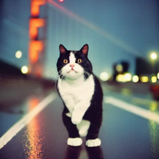 Prompt: bridge of san francicso photography,night,rain,mist, cute little anthropomorphic cat wearing a suit back from work, cinestill 800t, in the style of William eggleston