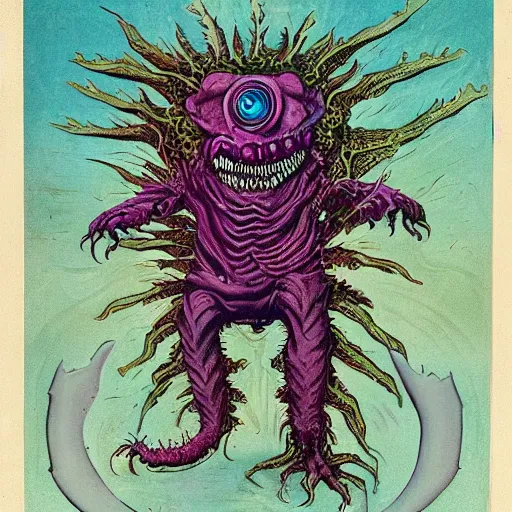 Image similar to a monster with two sharp heads that look sternly at each other, it has several eyes and scales on the misshapen body, psychedelic cosmic horror