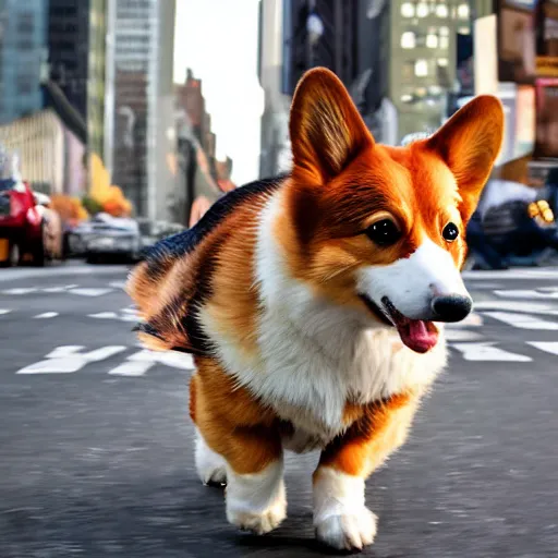 Image similar to 8k highly detailed photograph of a giant 80 foot tall adorable corgi invading New York City. cute destruction