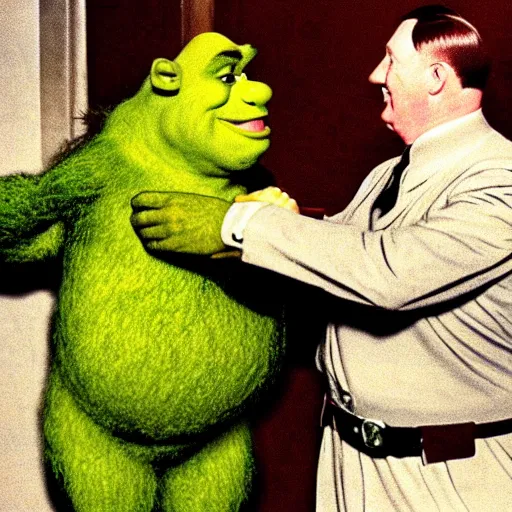 Image similar to adolf hitler shaking hands with shrek at the peace meetings, 1 9 4 0, recolored, vintage