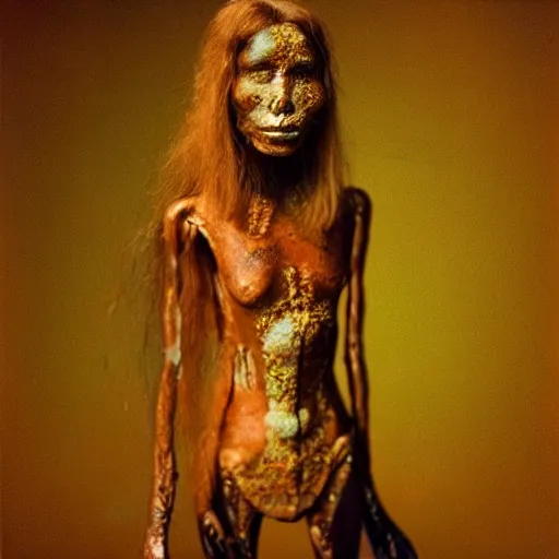 Image similar to “ surrealistic full body photo of a very primitive pre-human Neanderthal woman jewel melted in a meatball gold jewel like a mitological temple with smeralds and diamonds , anthropology photography, color kodakcrhome 64,National Geographic ”