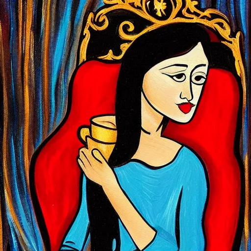 Image similar to painting, expressionist, of a single young girl, alone, with no one else around, sitting alone on her ornate throne, in a black and dark red dress, drinking coffee. she has long dark hair, blue eyes, two arms, two legs, one torso and one head.