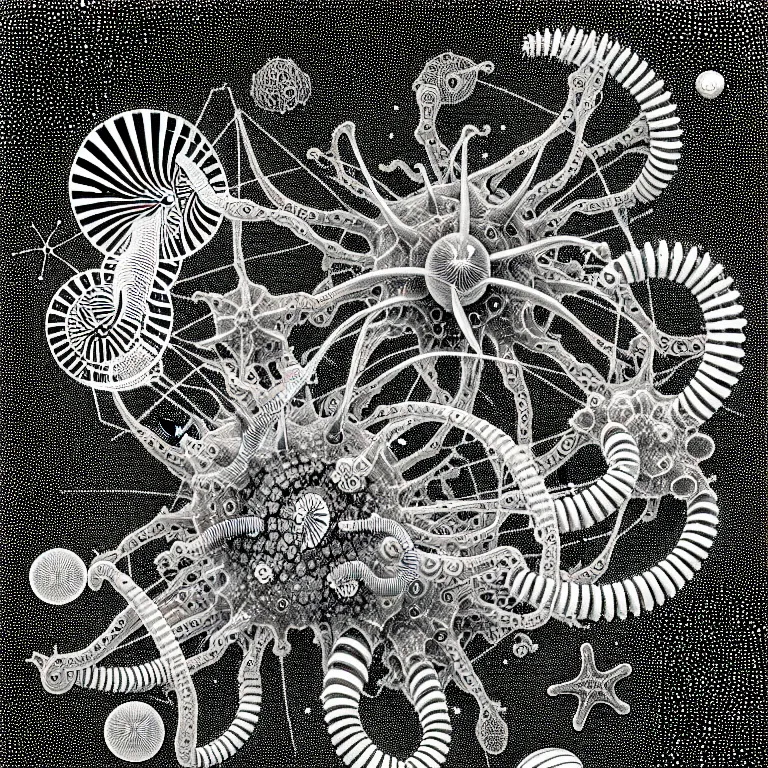 Image similar to a black and white drawing of a variety of sea life and filled with gundam mech equipment space station, a microscopic photo by ernst haeckel, zbrush central, kinetic pointillism, bioluminescence, intricate patterns, photoillustration